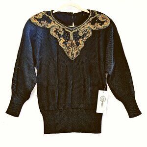 NWT Vintage 1980s Cedars Women's Black Ramie Sweater with Beaded Appliques Sz M
